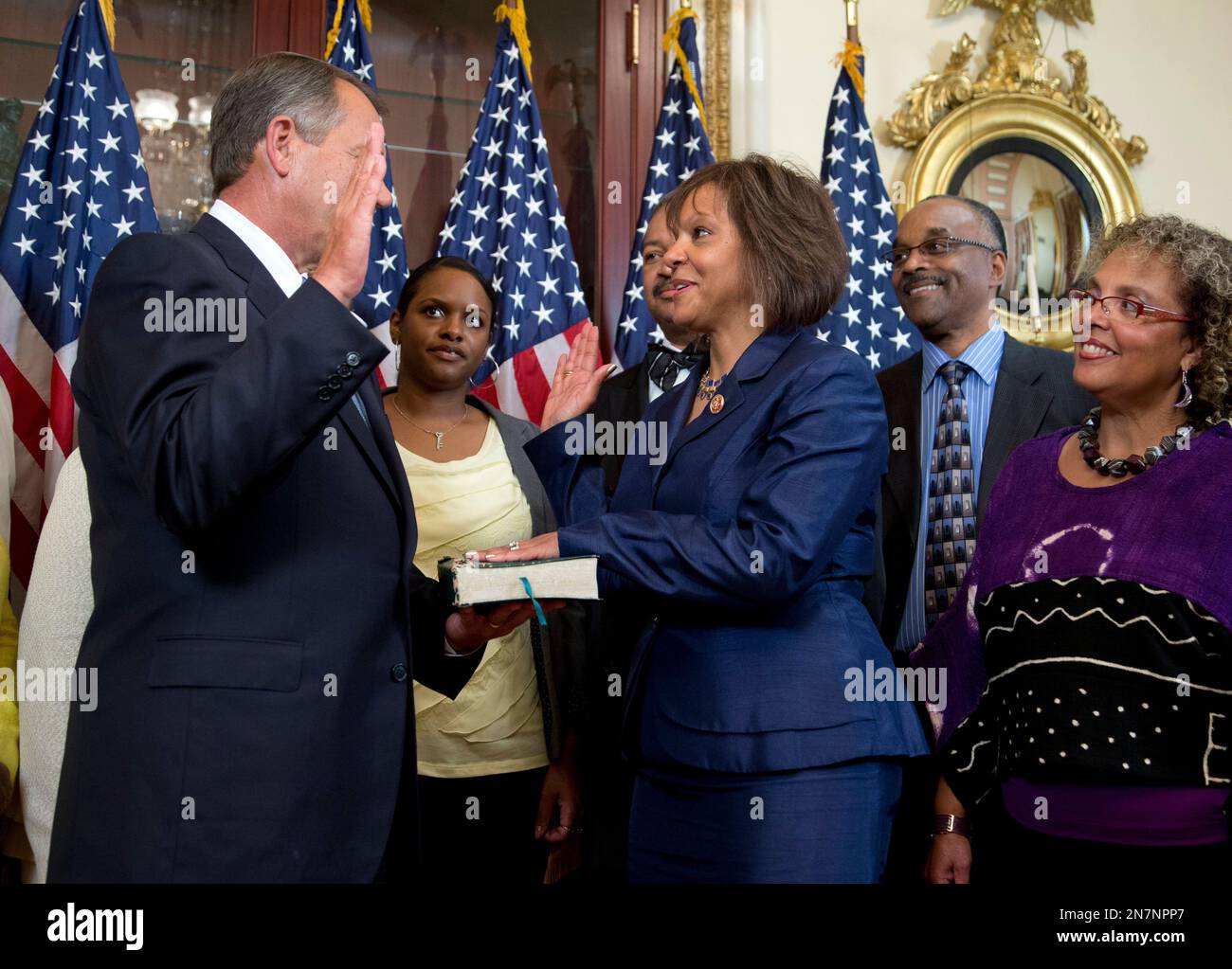 Rep. Robin Kelly, D-Ill., center, participates in a ceremonial swearing ...