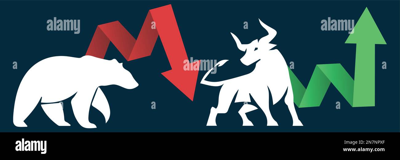 Bull bullish run; Bear bearish market trend in crypto currency or stocks. Trade exchange green up or red down arrows graph. Cryptocurrency stock icons Stock Vector