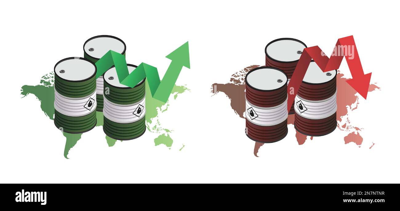 Oil prices increase decrease. Crude Oil barrels with green red graph arrow going up down. Oil market Fuel Petroleum drums with world map. Vector icon. Stock Vector