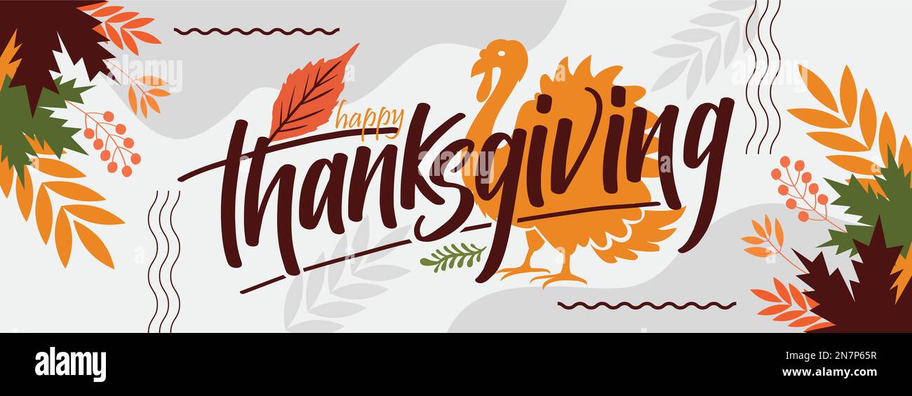 happy thanksgiving banner design with typography, turkey bird and abstract leaves background. American Thanksgiving festival autumn theme dinner party Stock Vector