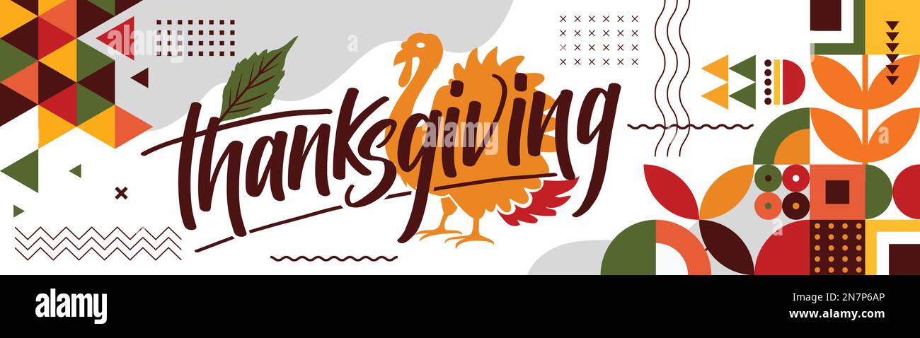 happy thanksgiving banner design with typography, turkey bird and abstract shapes background. American Thanksgiving festival autumn theme dinner party Stock Vector