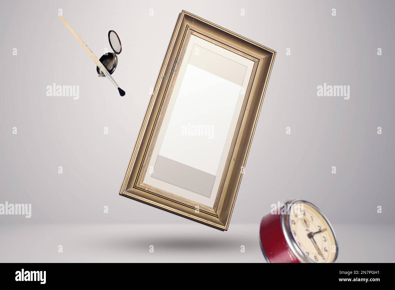 flying frames on the air, with equipments and objects mockup Stock ...