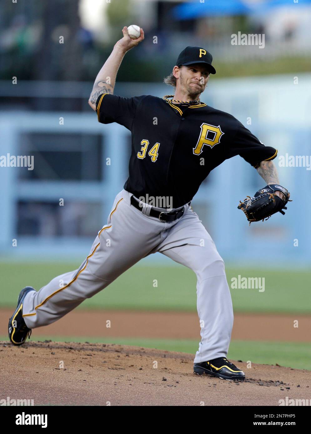 Pittsburgh Pirates starter A.J. pitches to the Los Angeles