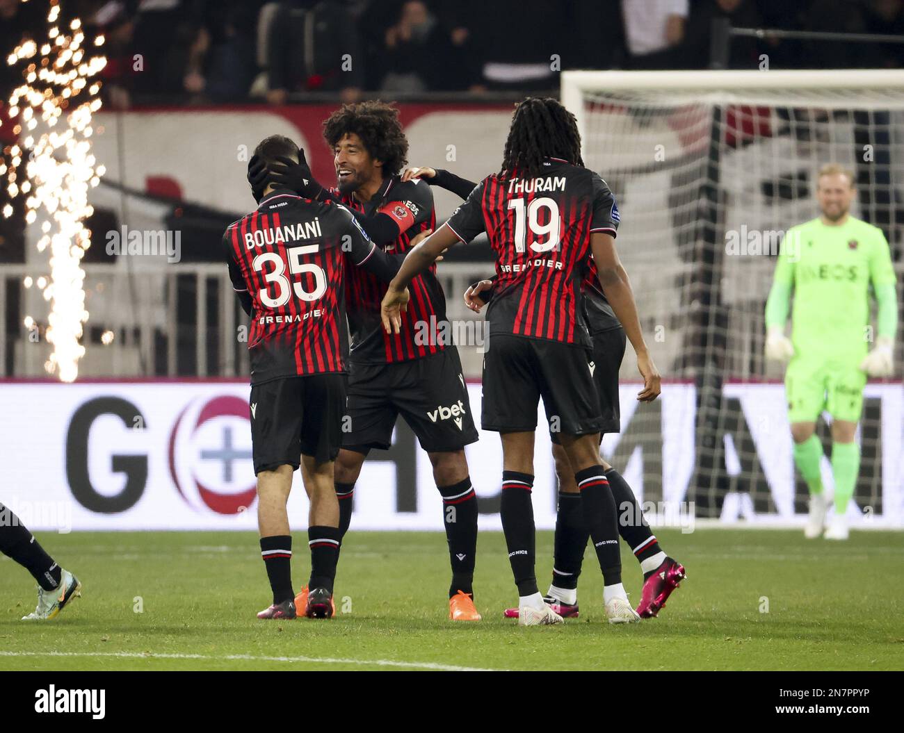 Nice, France. 10th Feb, 2023. Bonfim Dante of Nice celebrates his goal with  teammates during the French championship Ligue 1 football match between OGC  Nice (OGCN) and AC Ajaccio (ACA) on February