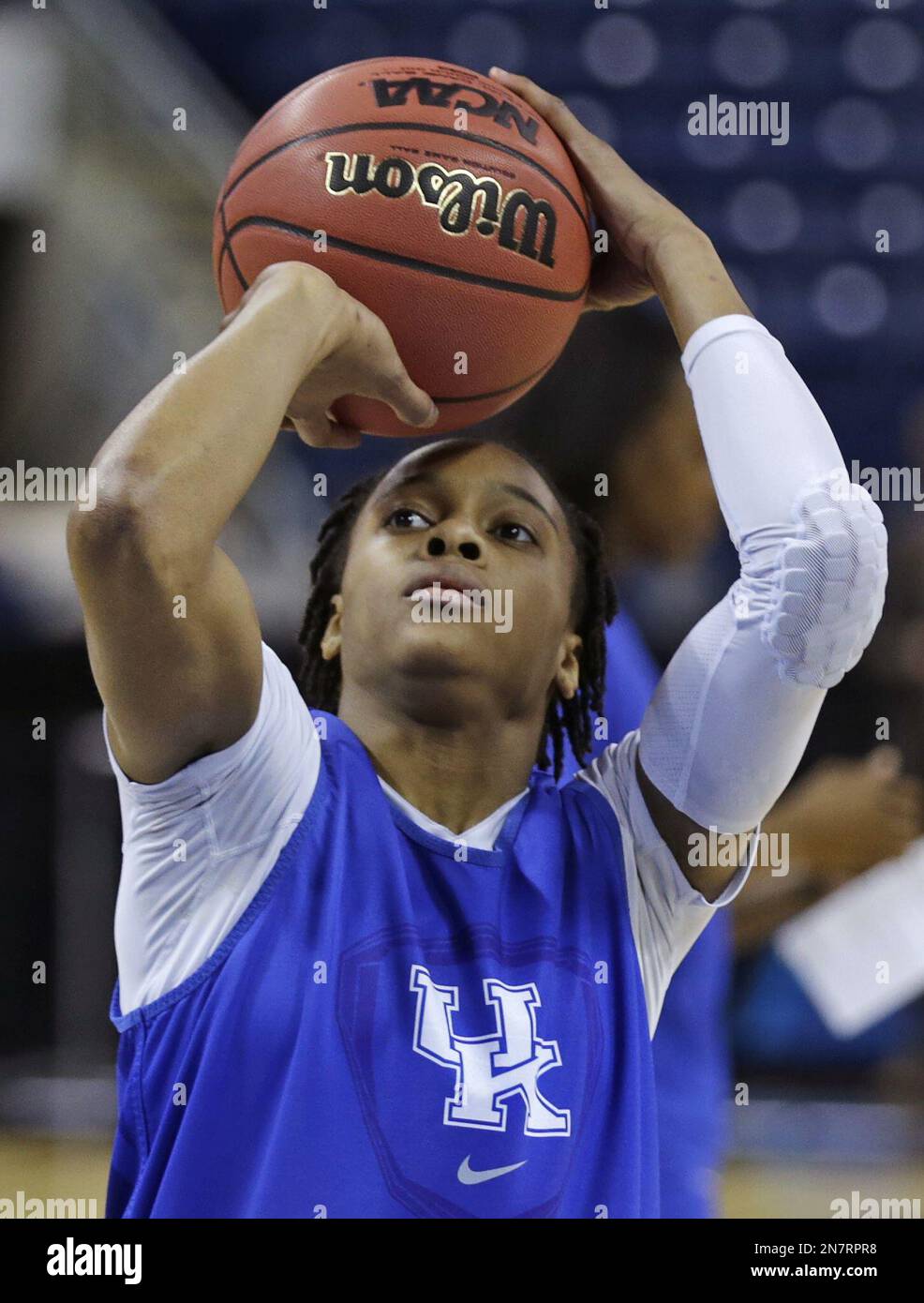 Kentucky guard A'dia Mathies shoots free throws during practice for a ...