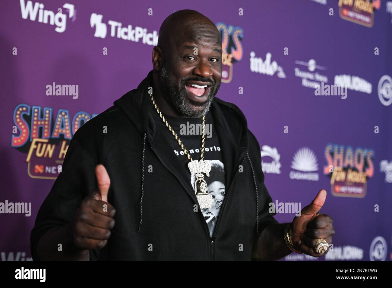 Phoenix, USA. 10th Feb, 2023. Shaquille O'neal walking on the carpet at  Shaq's Fun House held at Talking Stick Resort in Phoenix, Arizona on Feb.  8, 2023. Super Bowl LVII will take