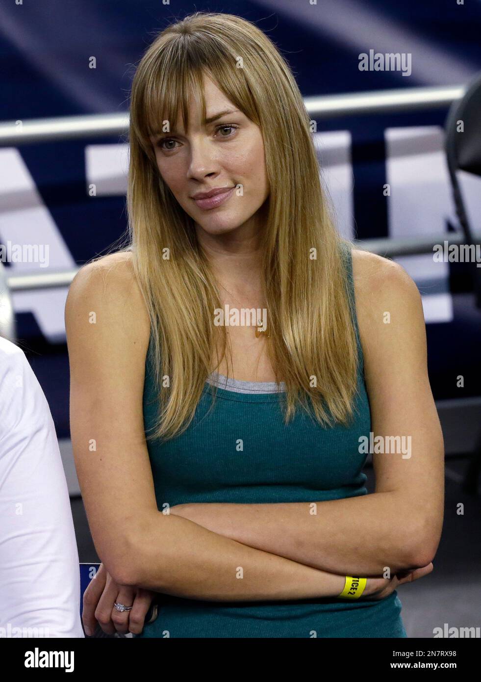 Amanda Marcum, wife of Florida Gulf Coast head coach Andy Enfield, watches during practice for a regional semifinal game in the NCAA college basketball tournament, Thursday, March 28, 2013, in Arlington, Texas. Florida Gulf Coast faces Florida on Friday. (AP Photo/David J. Phillip) Stock Photo
