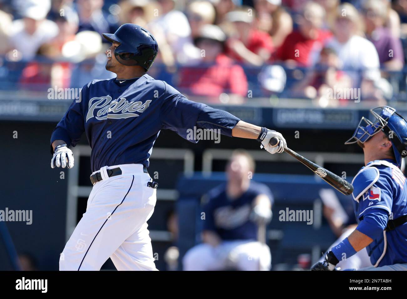 San Diego Padres left fielder Jesus Guzman hits against the Texas