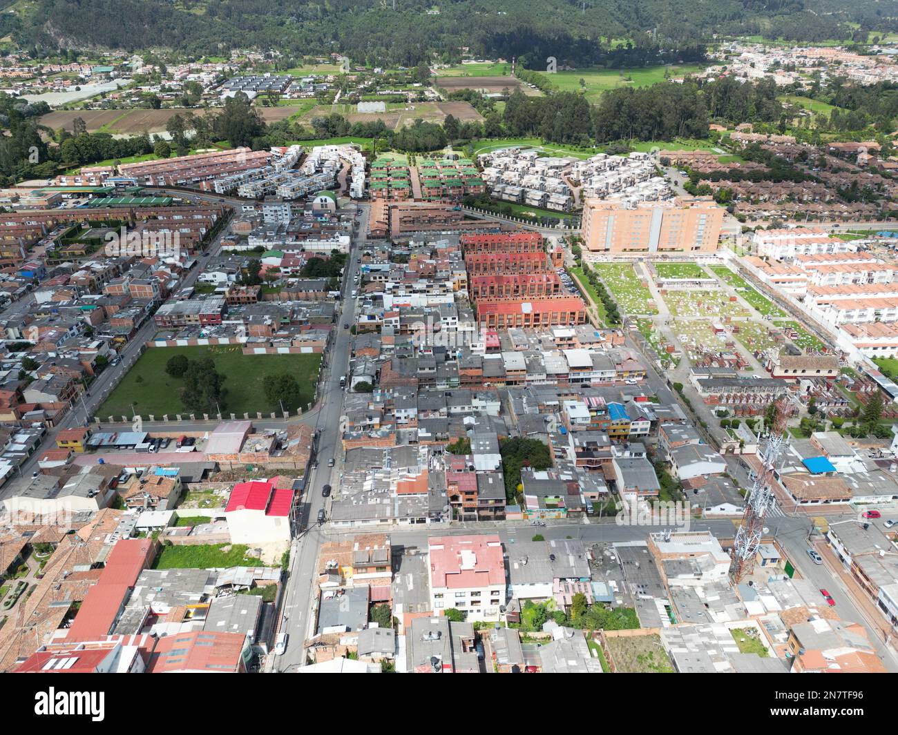 An aerial shot of the urban town of Chia in Cundinamarca, Colombia ...