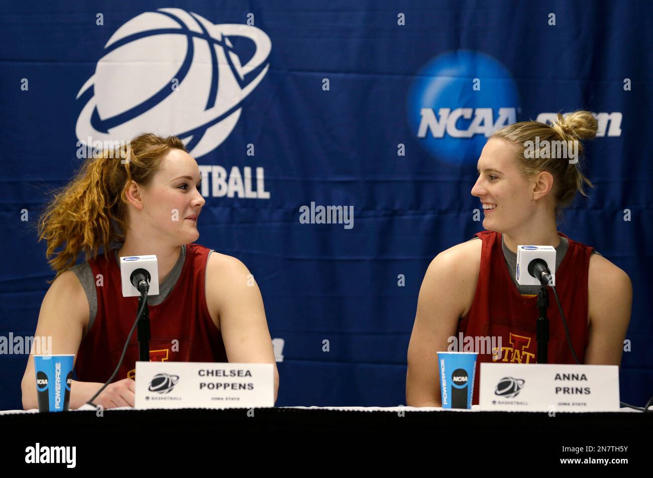 Iowa State's Chelsea Poppens, left, and Anna Prins begin a news conference  a day before a second-round game in the women's NCAA college basketball  tournament in Spokane, Wash., Sunday, March 24, 2013.