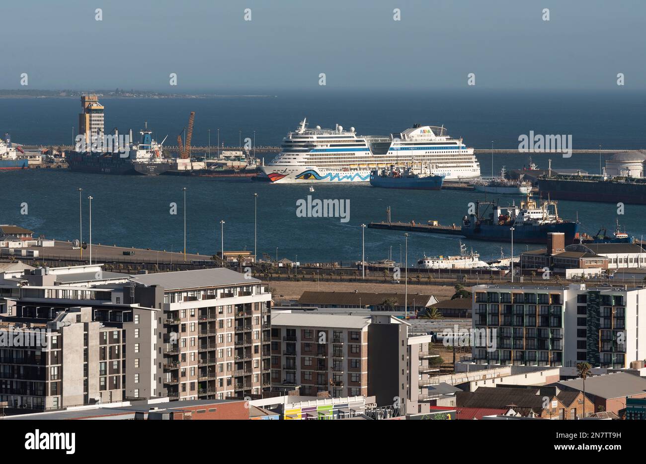 Port of Cape Town, South Africa, 2023.  Cruise ship underway into the port of Cape Town. Stock Photo