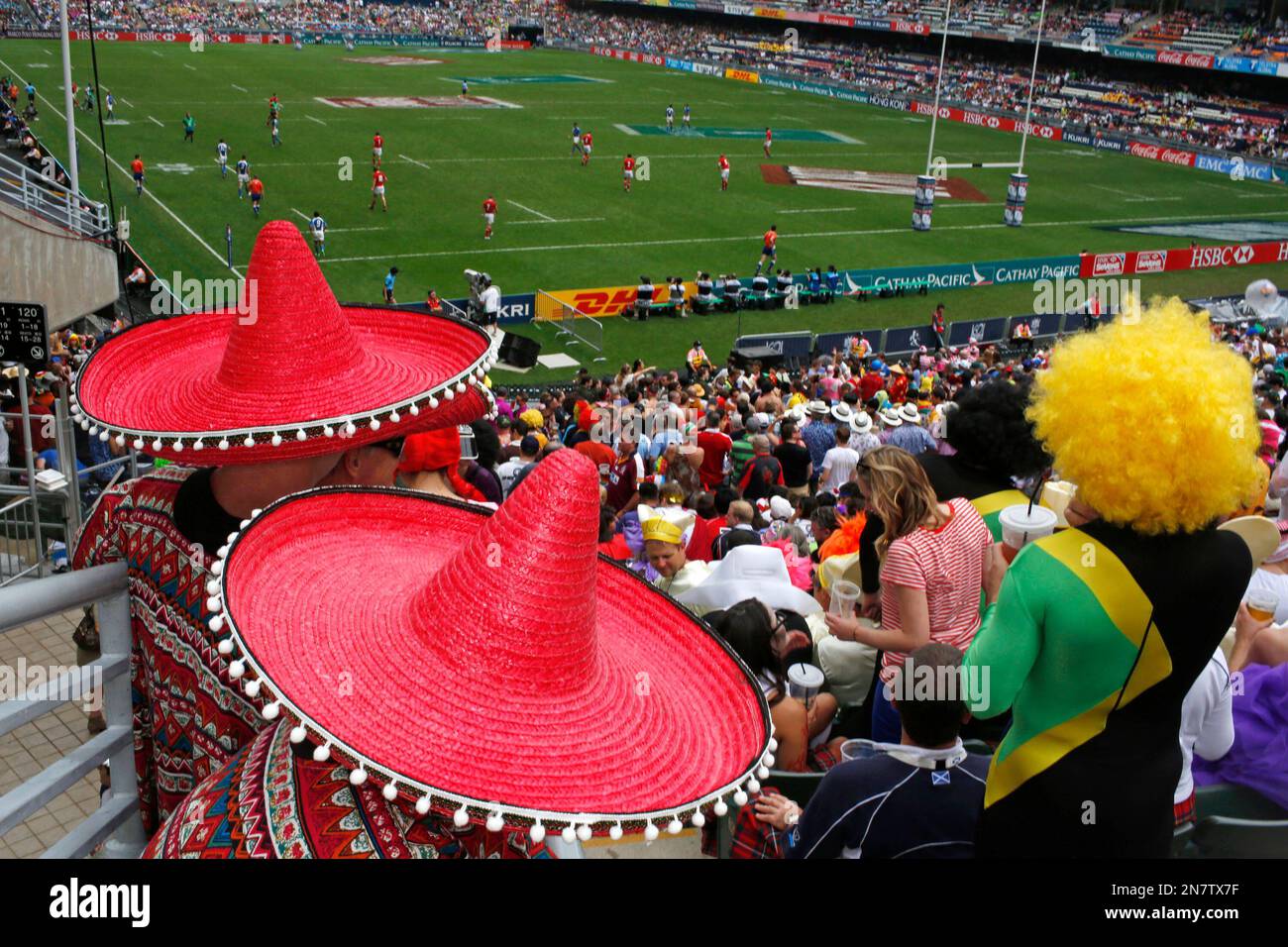 Rugby fans wear Mexican hats during the second day of Hong Kong Sevens