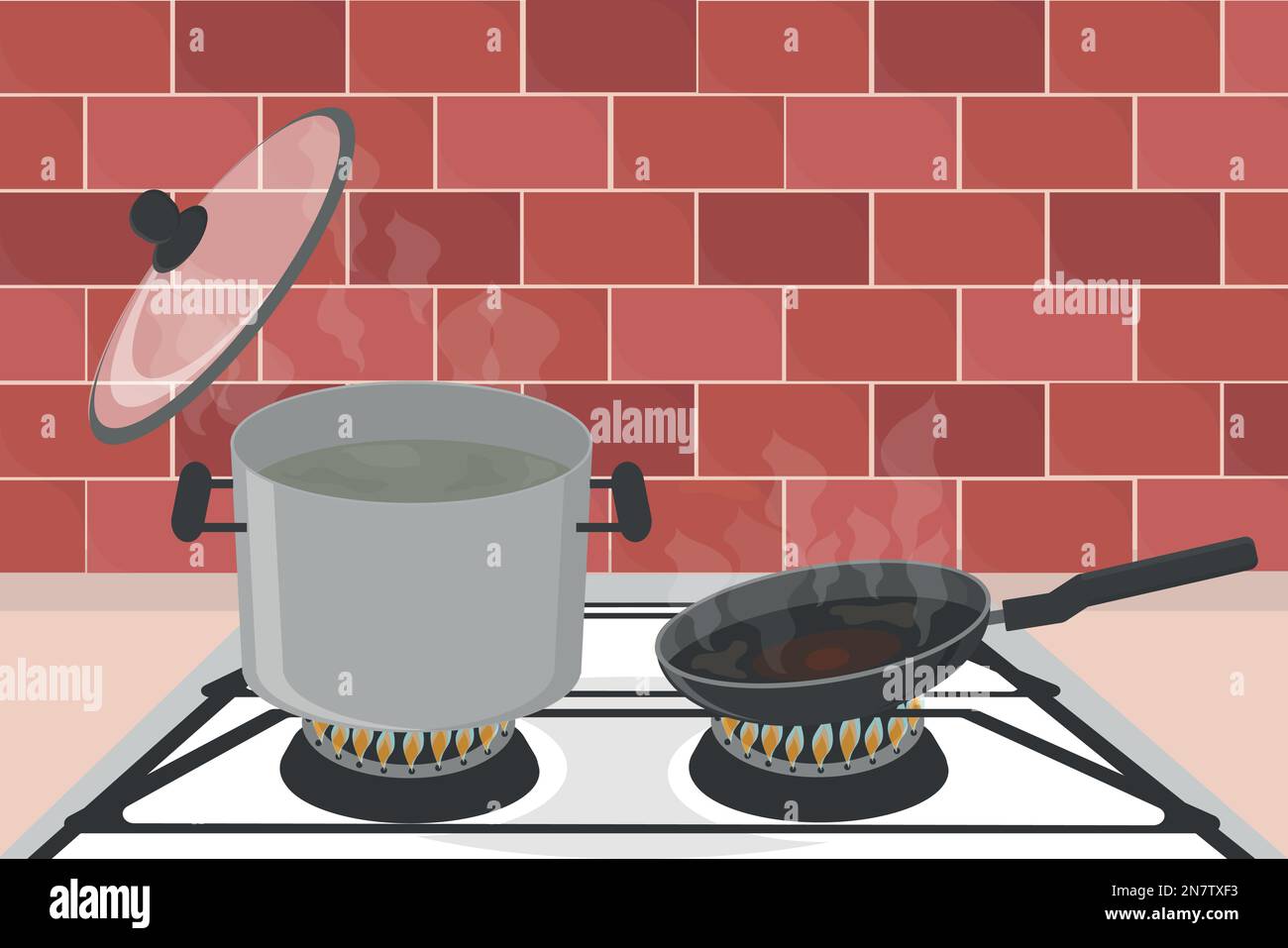 pot of boiling water on a gas stove with a frying pan in the kitchen Stock Vector Image & Art