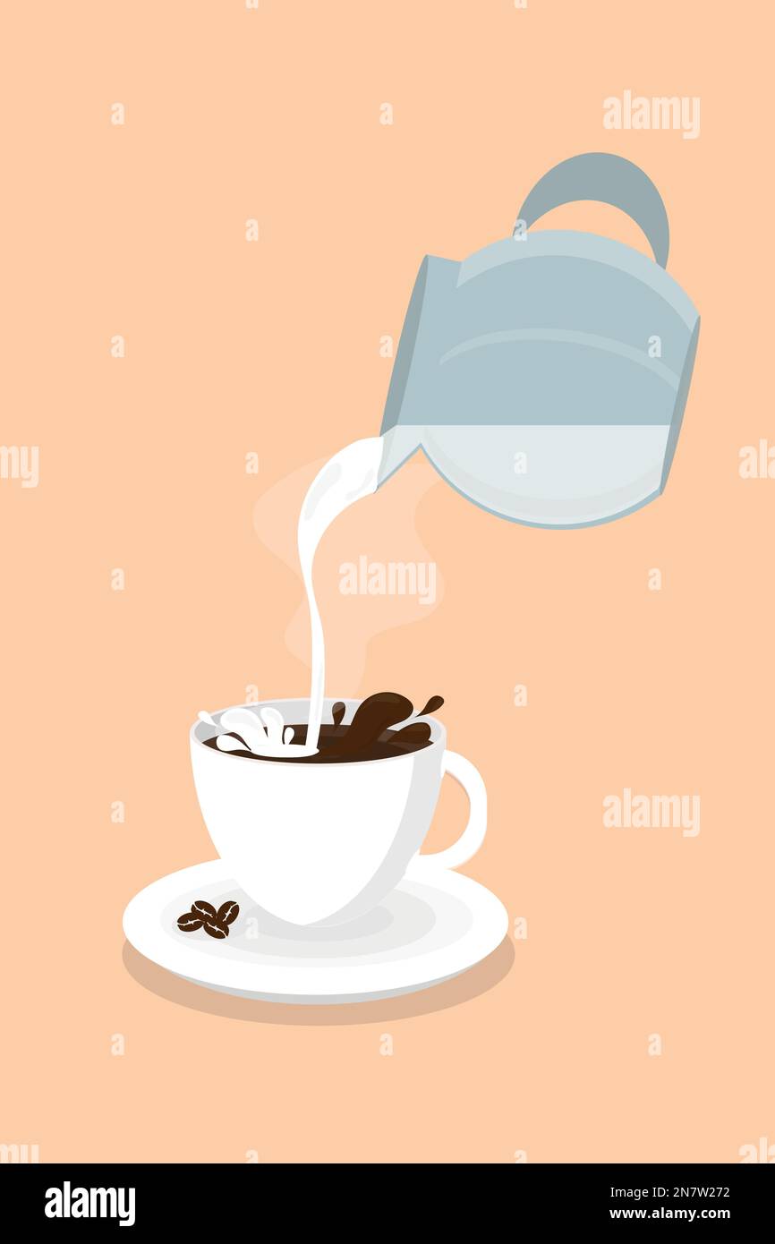 white fresh milk pouring into a paper cup with coffee latte cappuchino ...