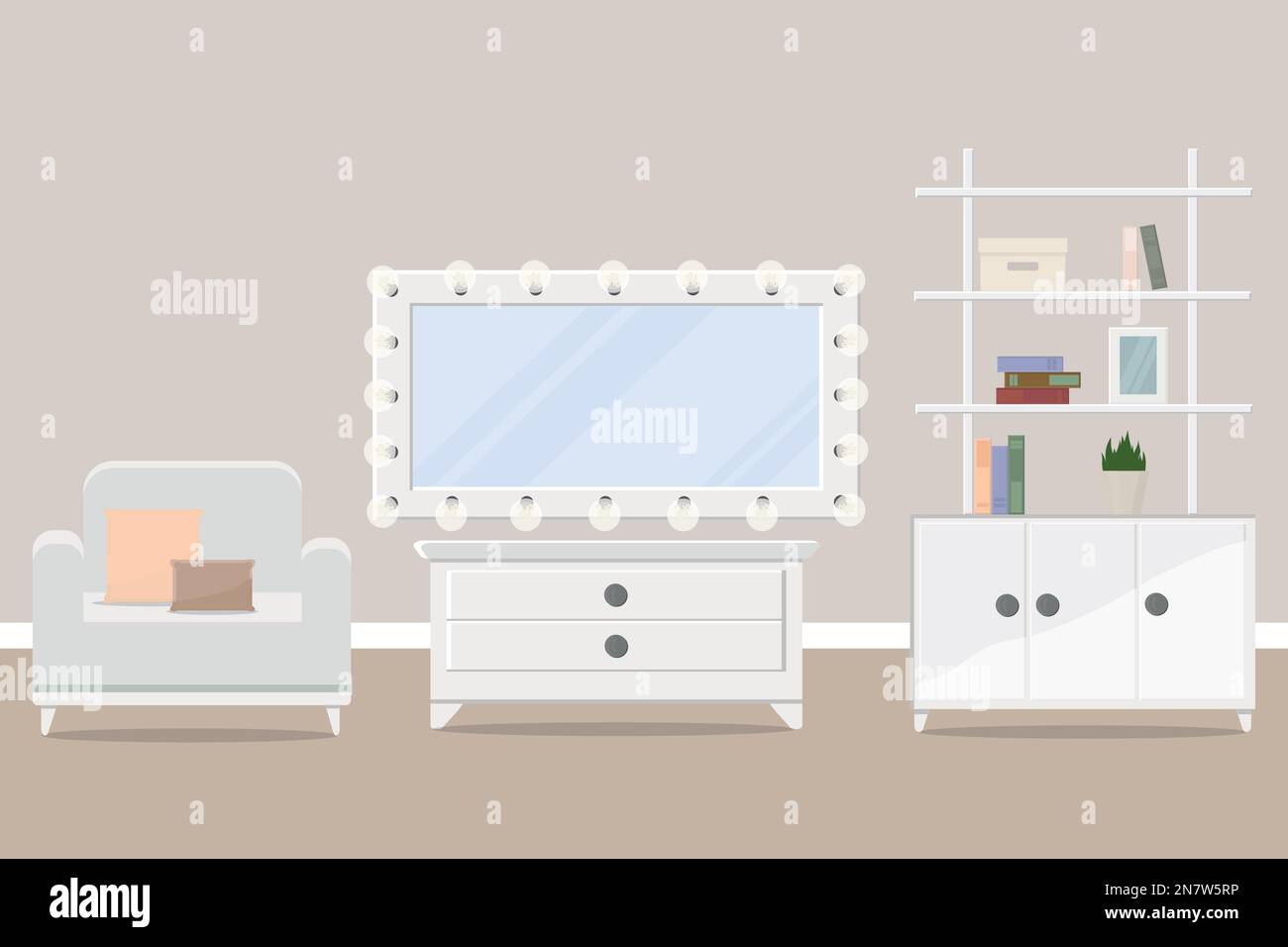 a makeup artist mirror with wardrobe and armchair beauty salon room