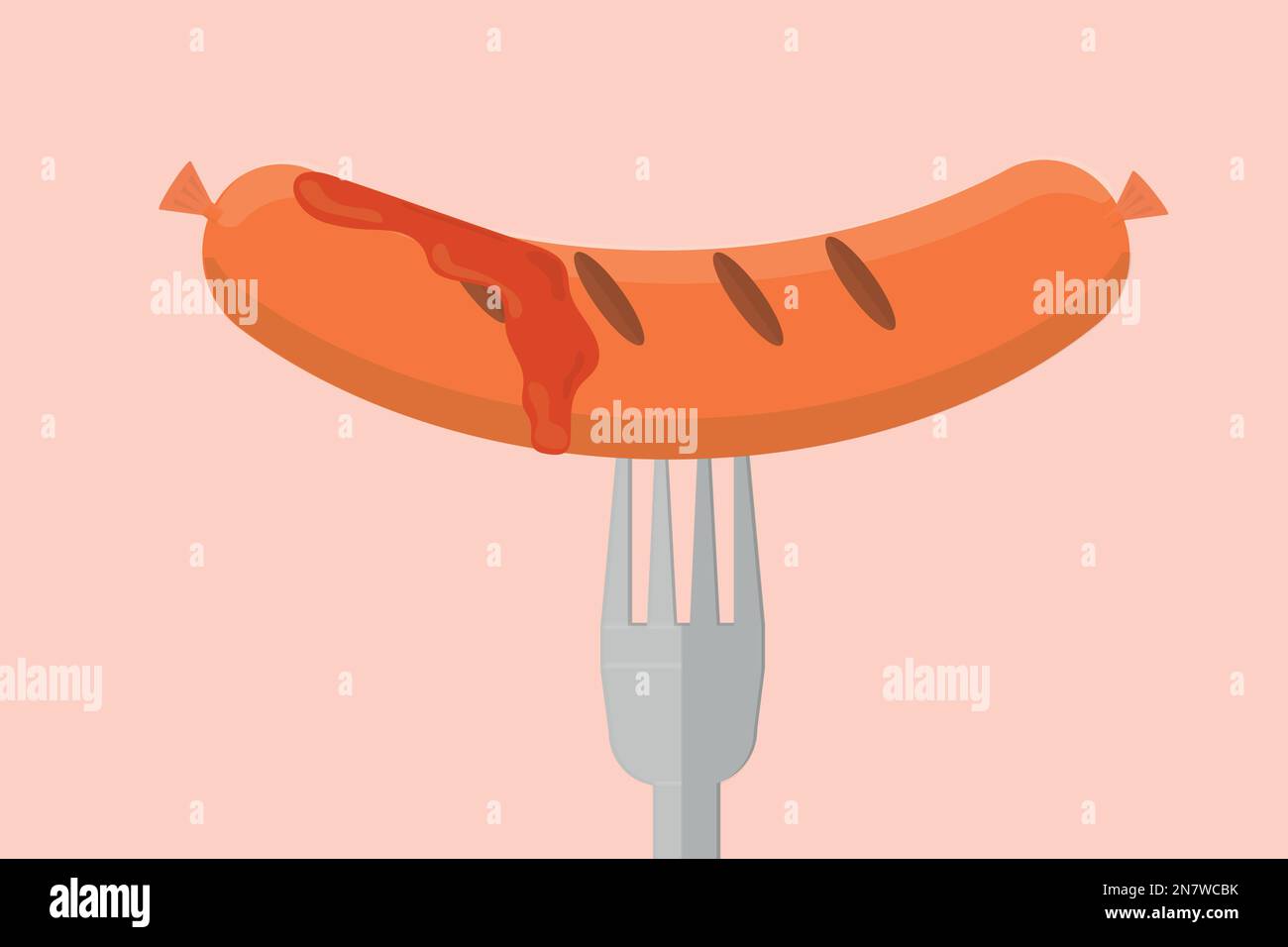 a grilled sausage with ketchup and on a fork Stock Vector
