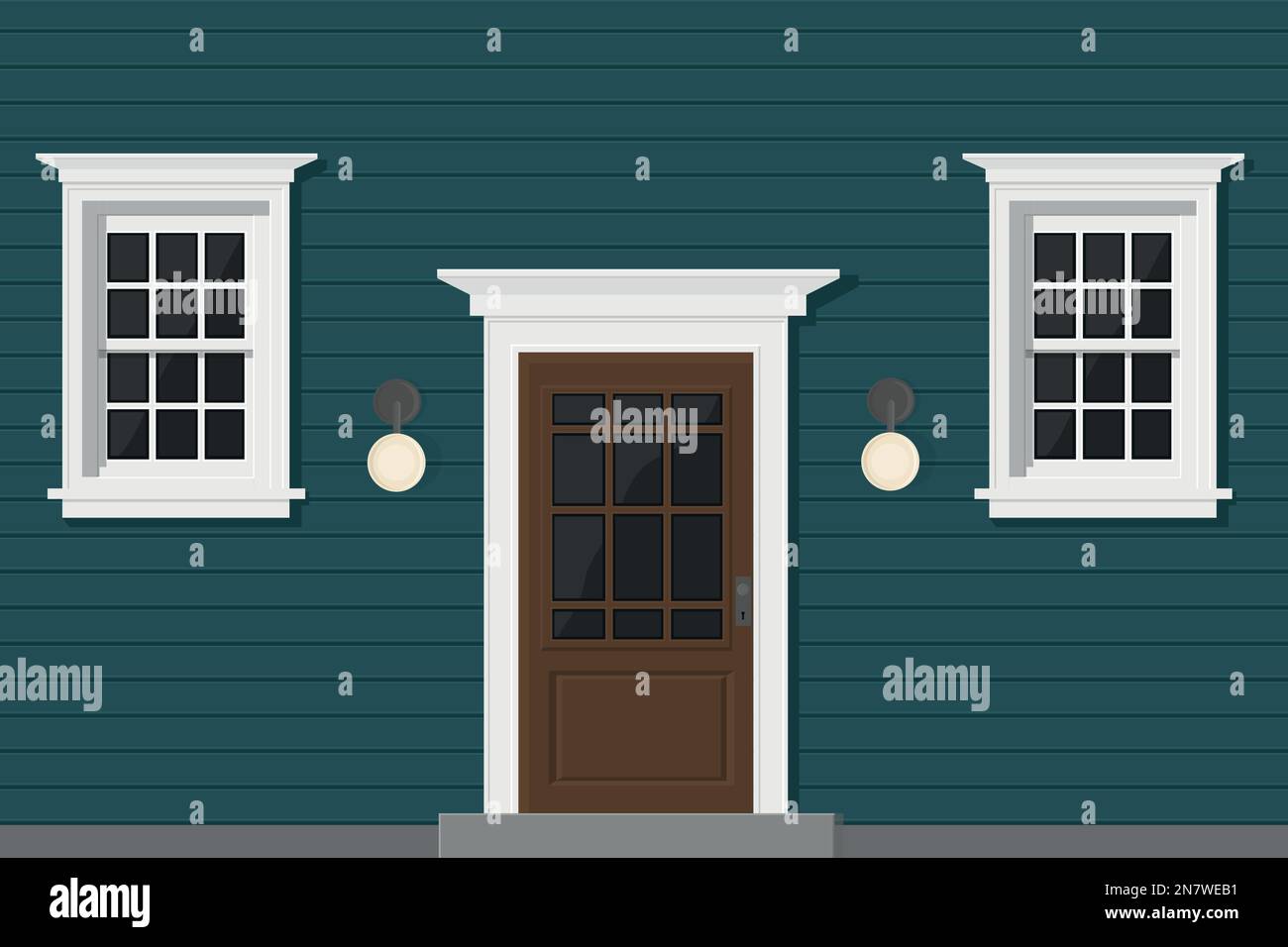 a blue wooden house with white windows and white door Stock Vector ...