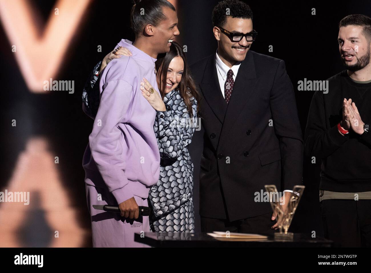 Stromae receives the Best Album award on stage with Coralie Barbier during  the 38th Victoires de la Musique at la Seine Musicale on February 10, 2023  in Boulogne-Billancourt, France. Photo by David