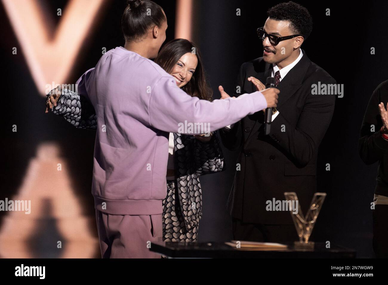 Stromae receives the Best Album award on stage with Coralie Barbier during  the 38th Victoires de la Musique at la Seine Musicale on February 10, 2023  in Boulogne-Billancourt, France. Photo by David