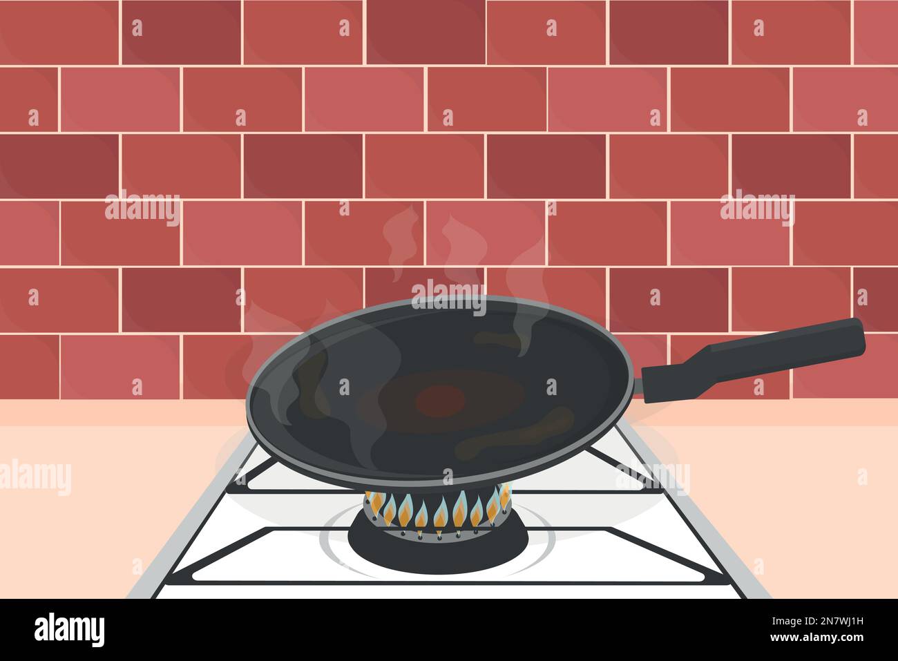 a hot frying pan with nonstick coating on gas stove fire kitchen