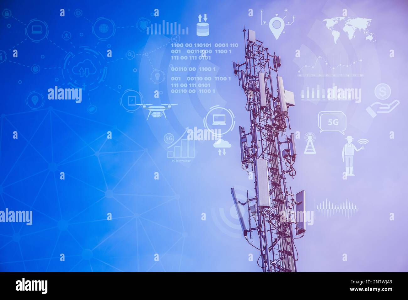 5G data communication tower overlay with illustration of business data technology application for background Stock Photo