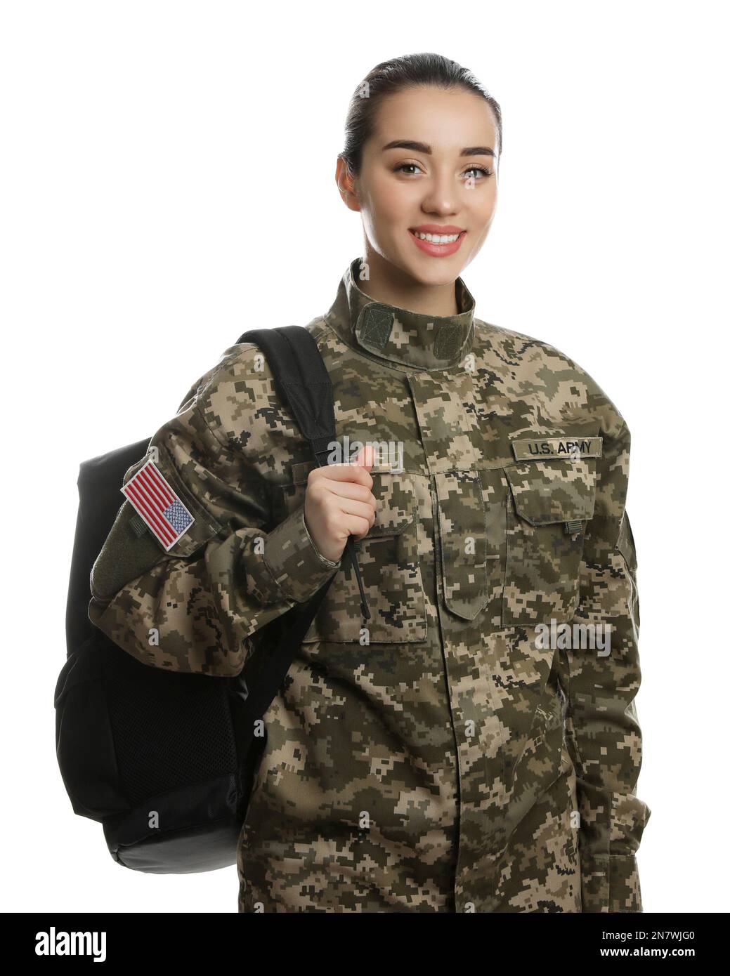 Female soldier with backpack on white background. Military education Stock Photo