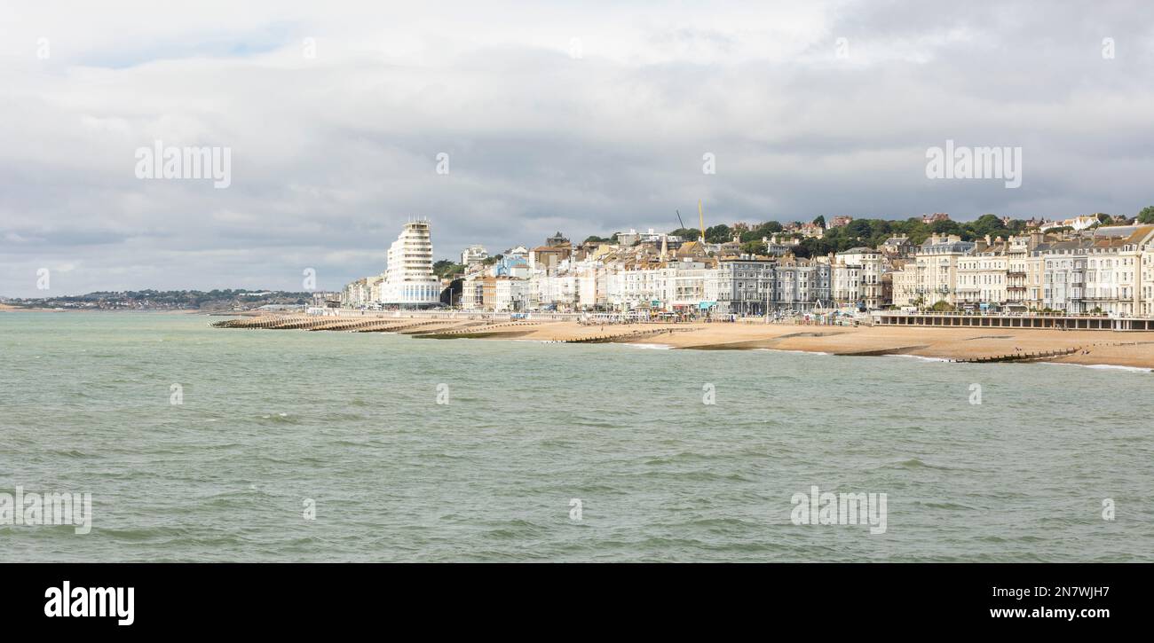 beach and prom of saint leonards on sea taken from hastings pier Stock
