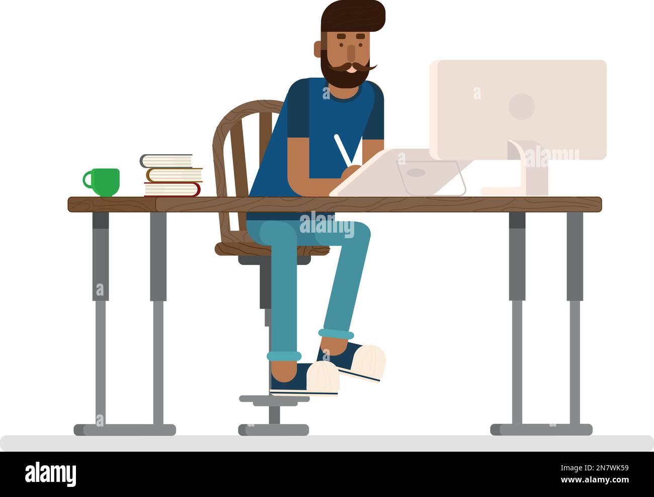 hipster man working at the table on the computer Stock Vector