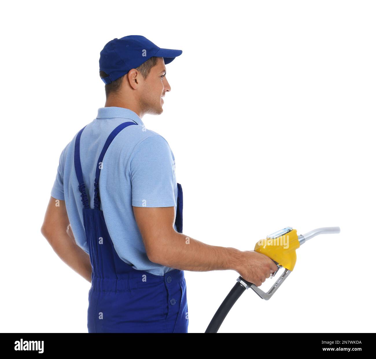 Gas station worker with fuel nozzle on white background Stock Photo Alamy