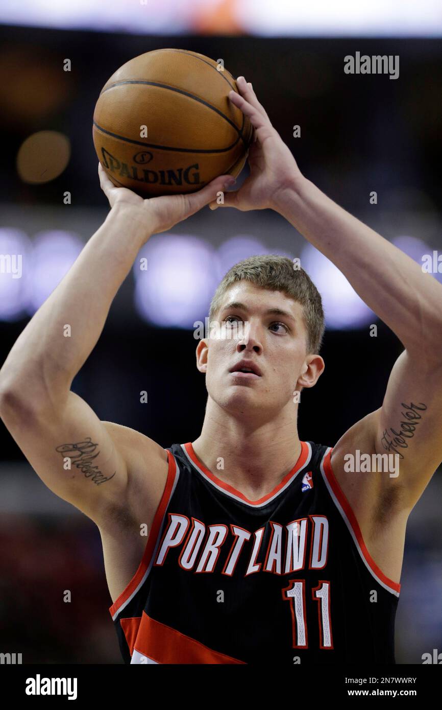 Portland Trail Blazers' Meyers Leonard in action during an NBA basketball game against the Philadelphia 76ers, Monday, March 18, 2013, in Philadelphia. (AP Photo/Matt Slocum) Stock Photo