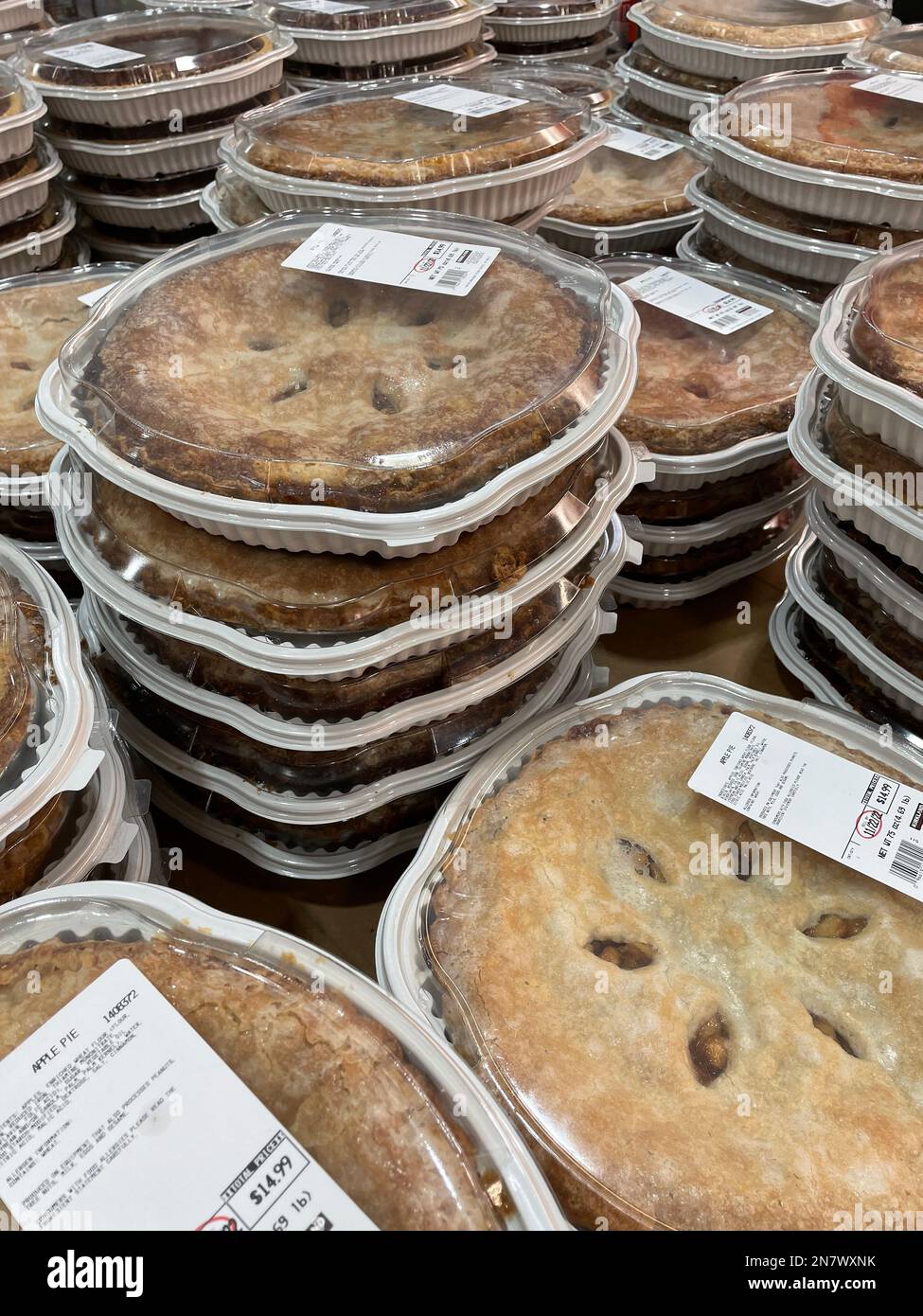 A closeup shot of cooked Apple Pies at Costco store in Fresno Stock