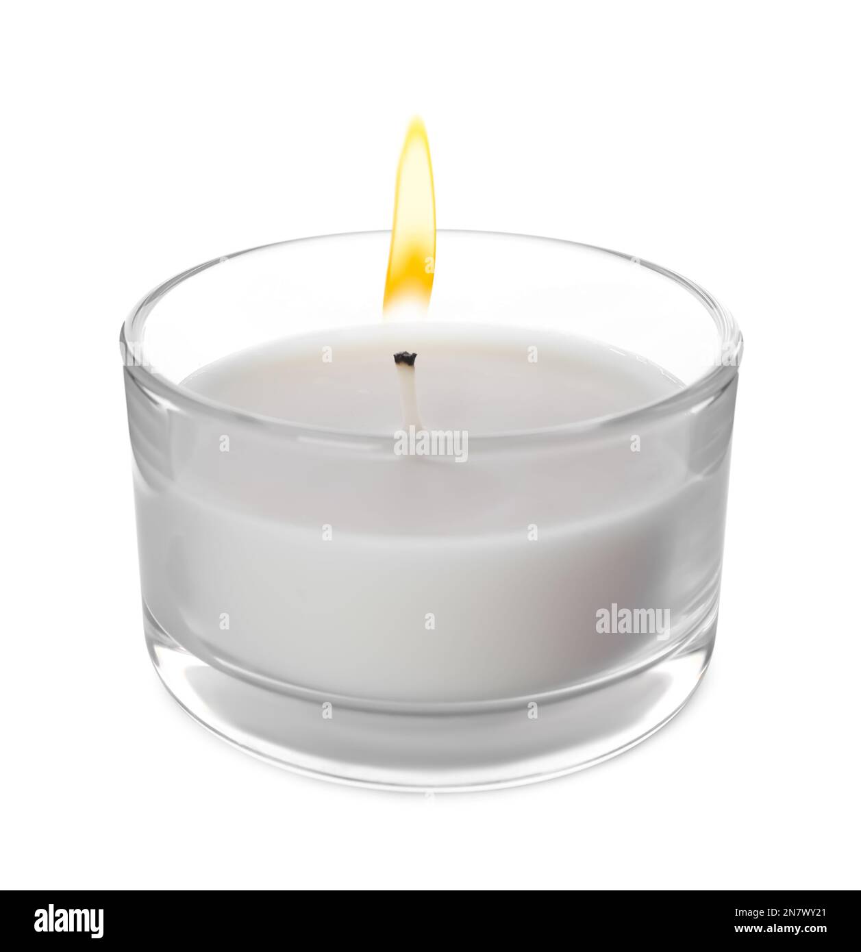 Small wax candle in glass holder isolated on white Stock Photo