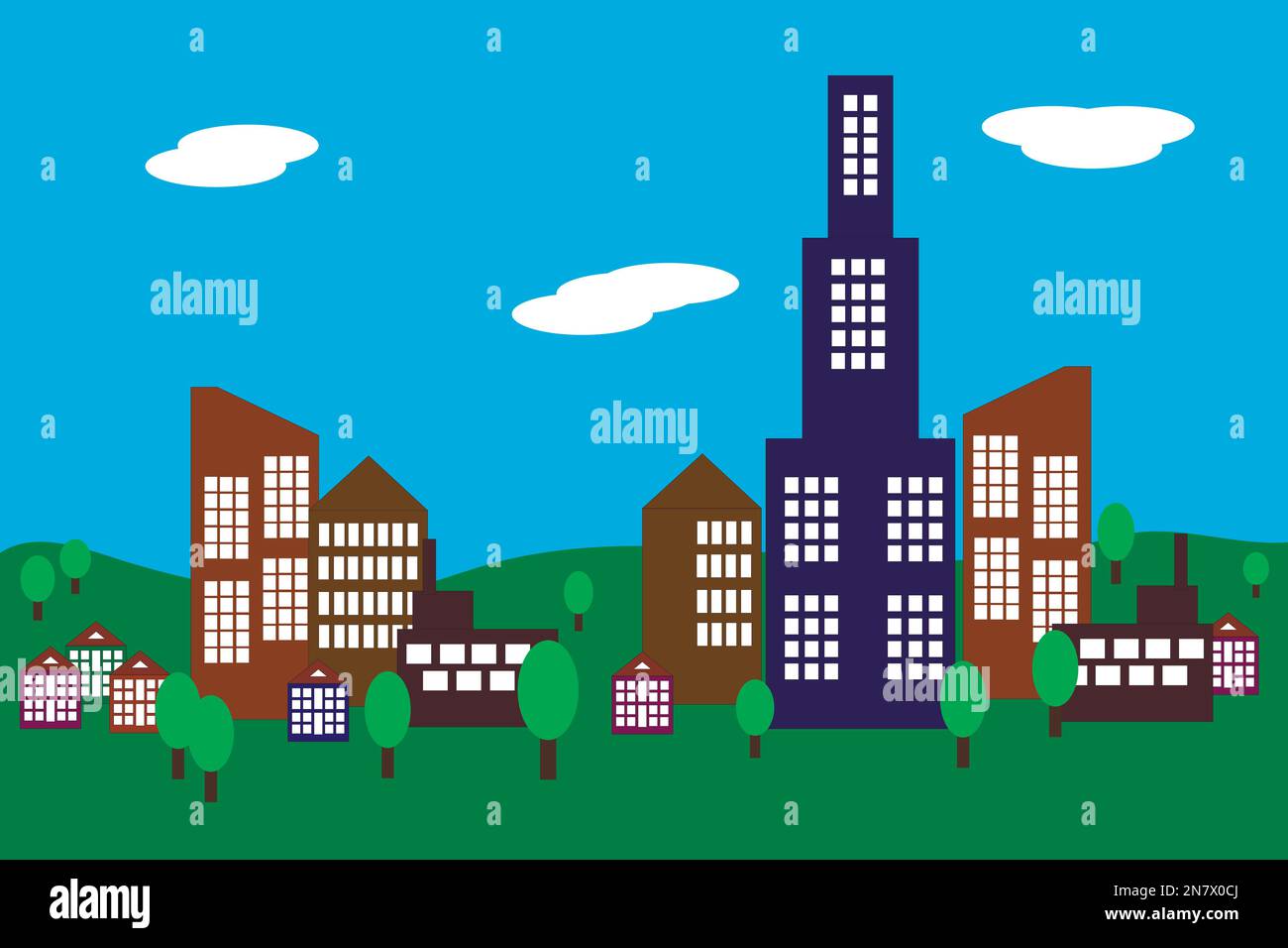 big city on a hill with clouds in vector illustration background Stock