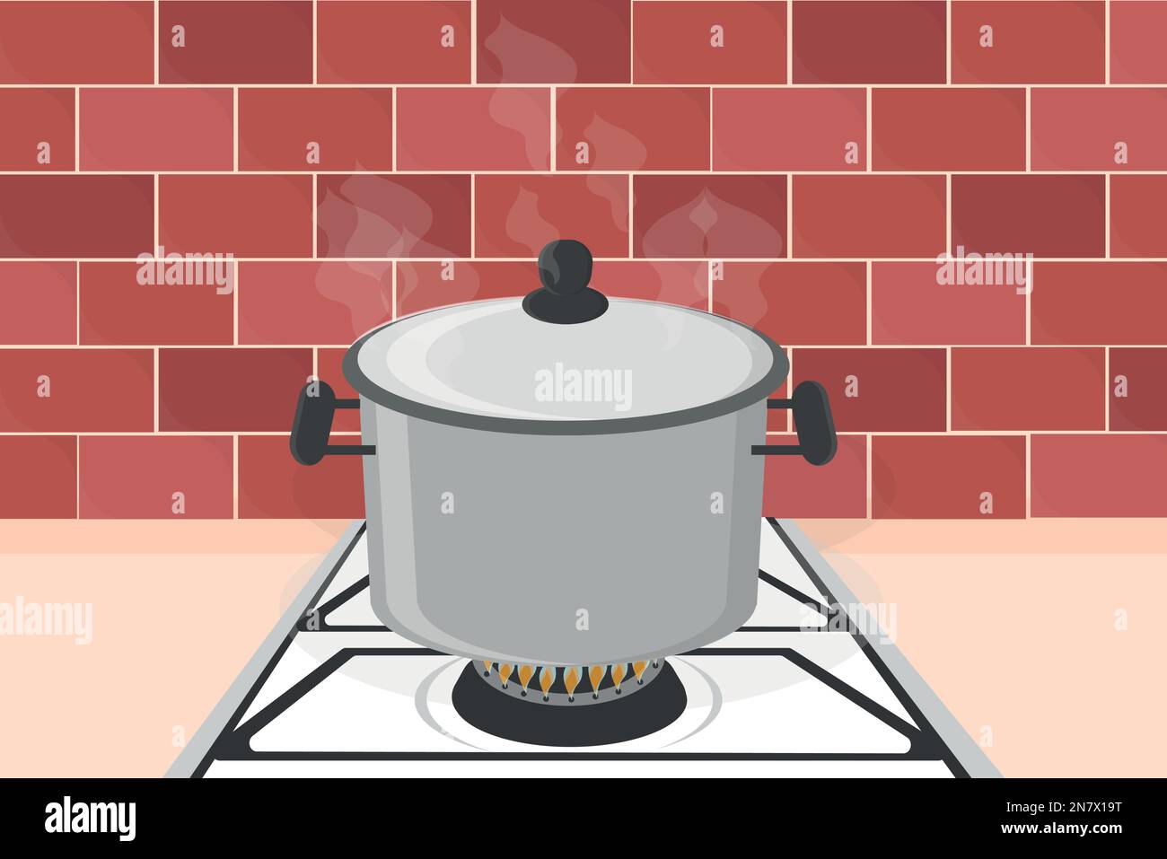 large pot is boiling on a gas stove in the kitchen Stock Vector Image