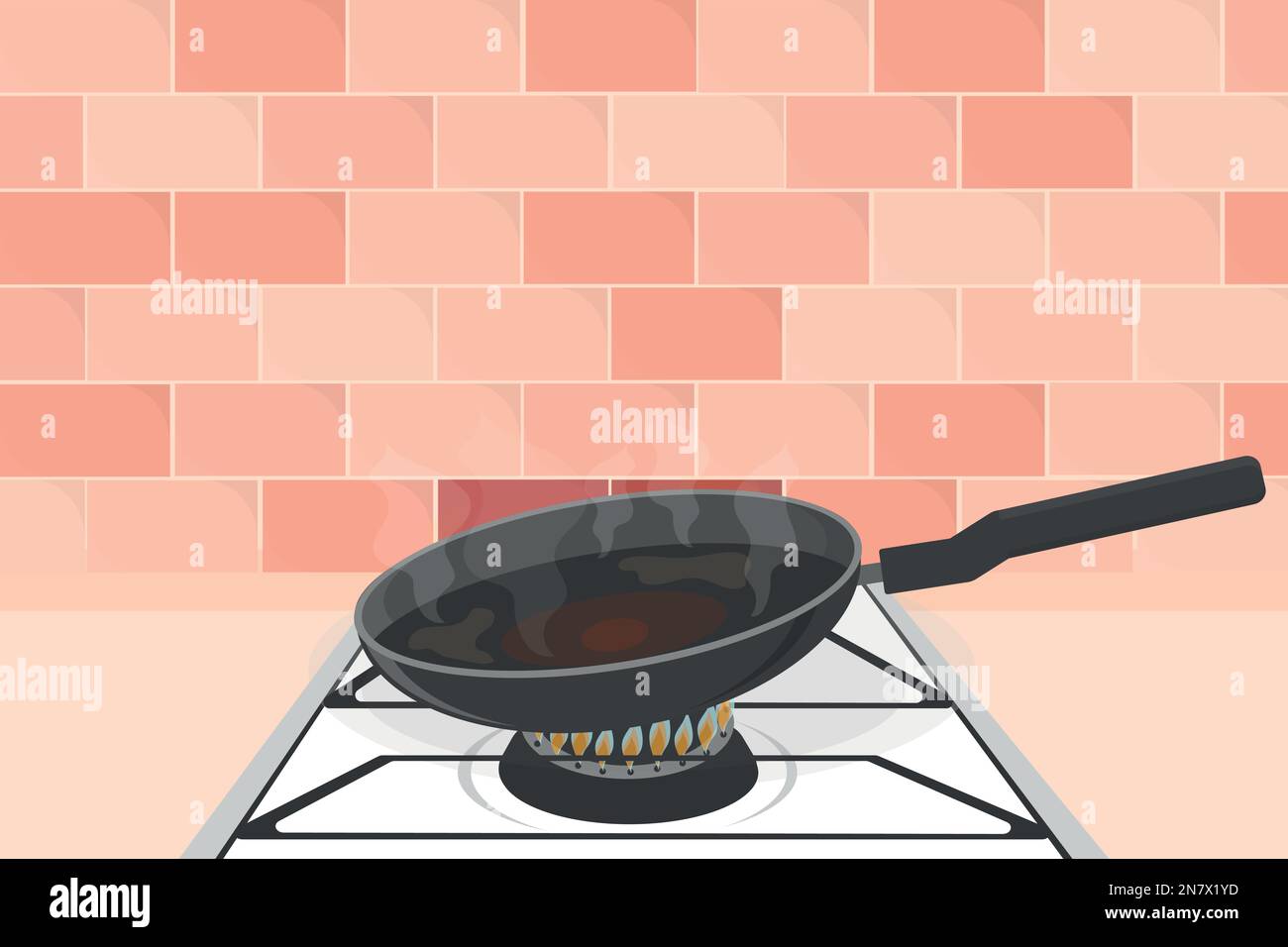 a hot frying pan with nonstick coating on gas stove fire kitchen