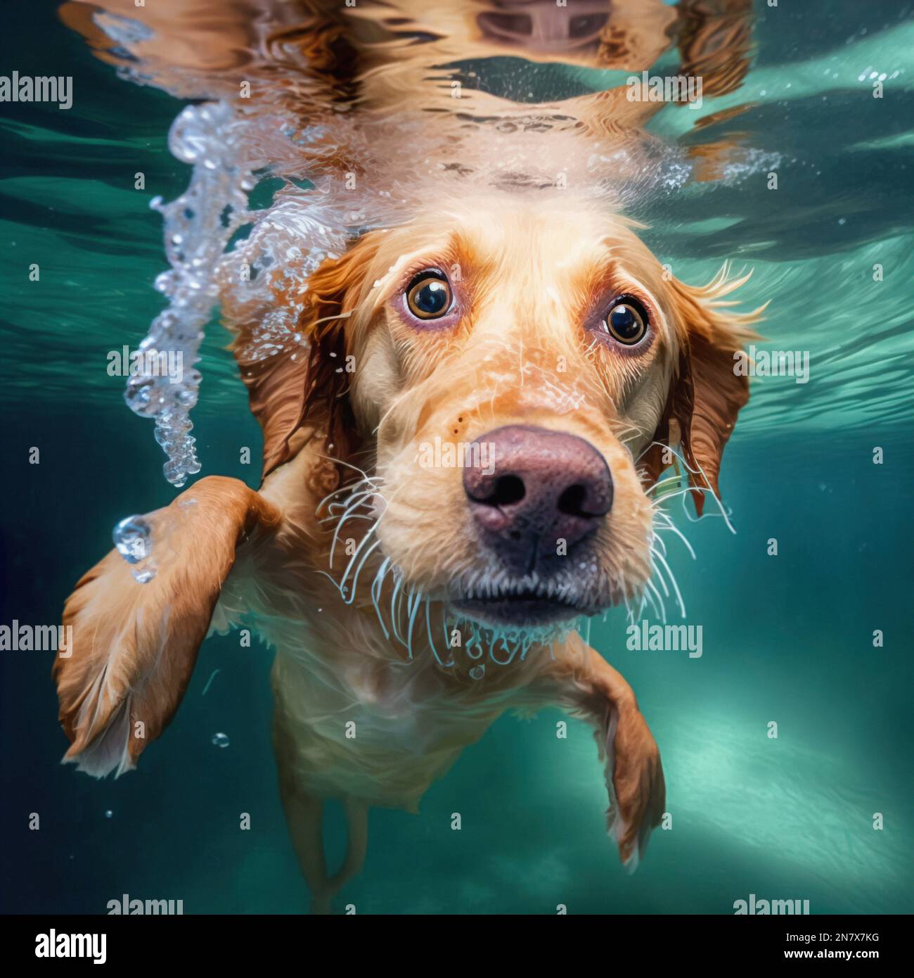 Underwater funny photo of golden Labrador retriever puppy in swimming