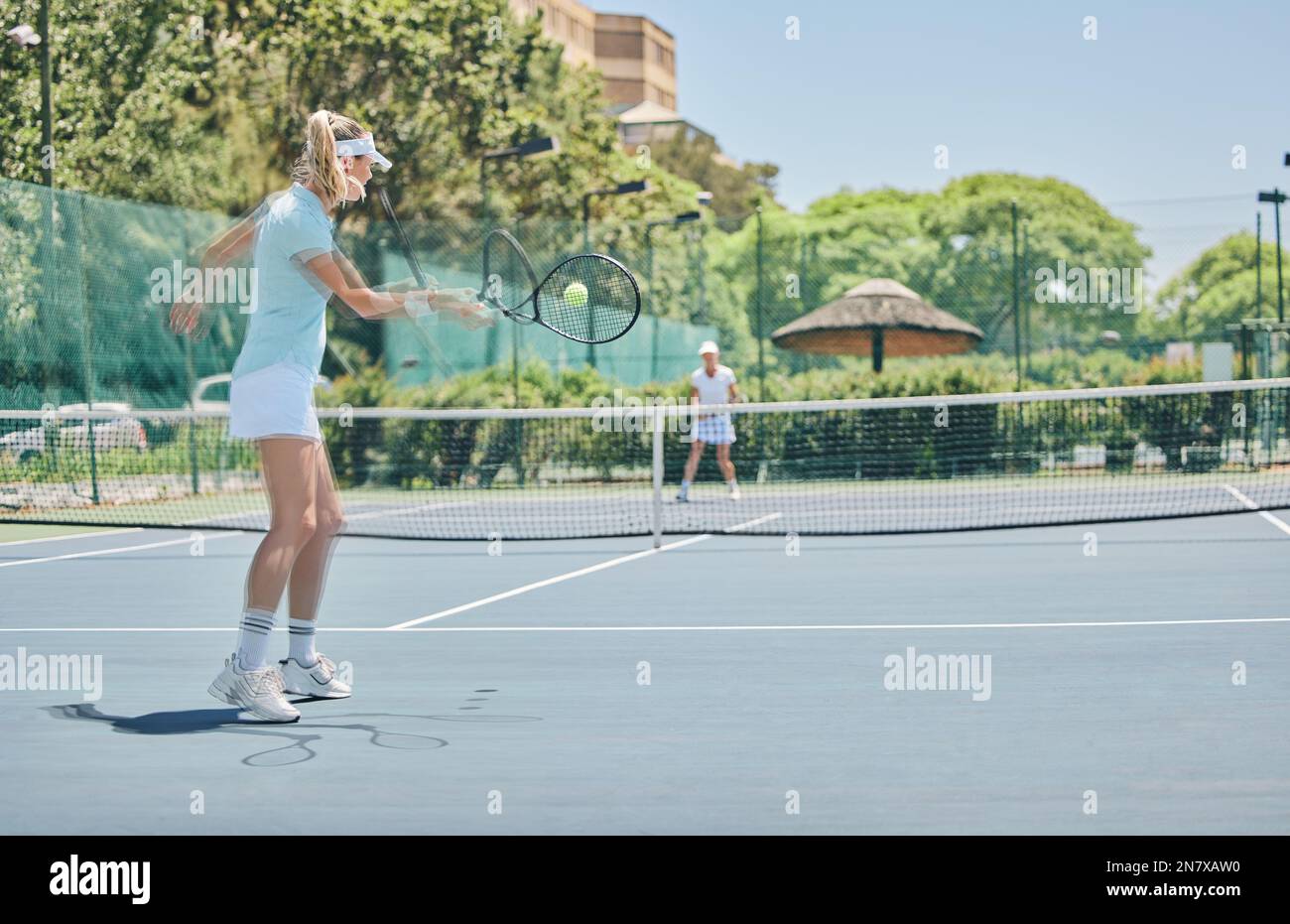 Tennis court, sports match and women outdoor for fitness, exercise and