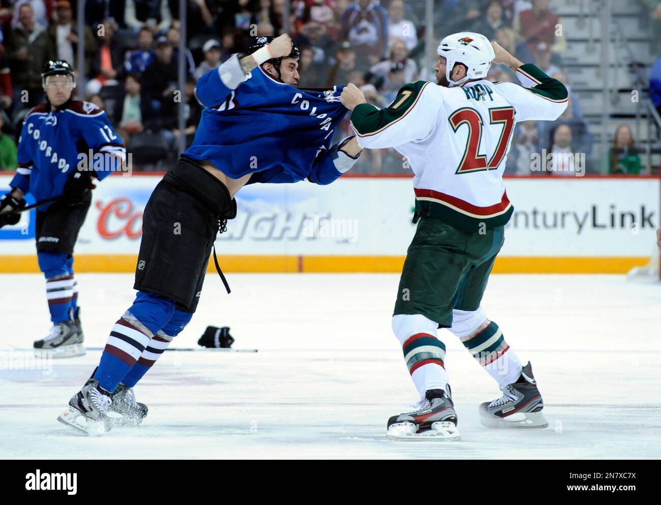 Colorado Avalanche left wing Patrick Bordeleau, left, and Minnesota
