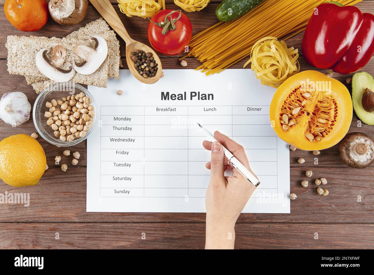 flat lay meal plan with pasta ingredients Stock Photo