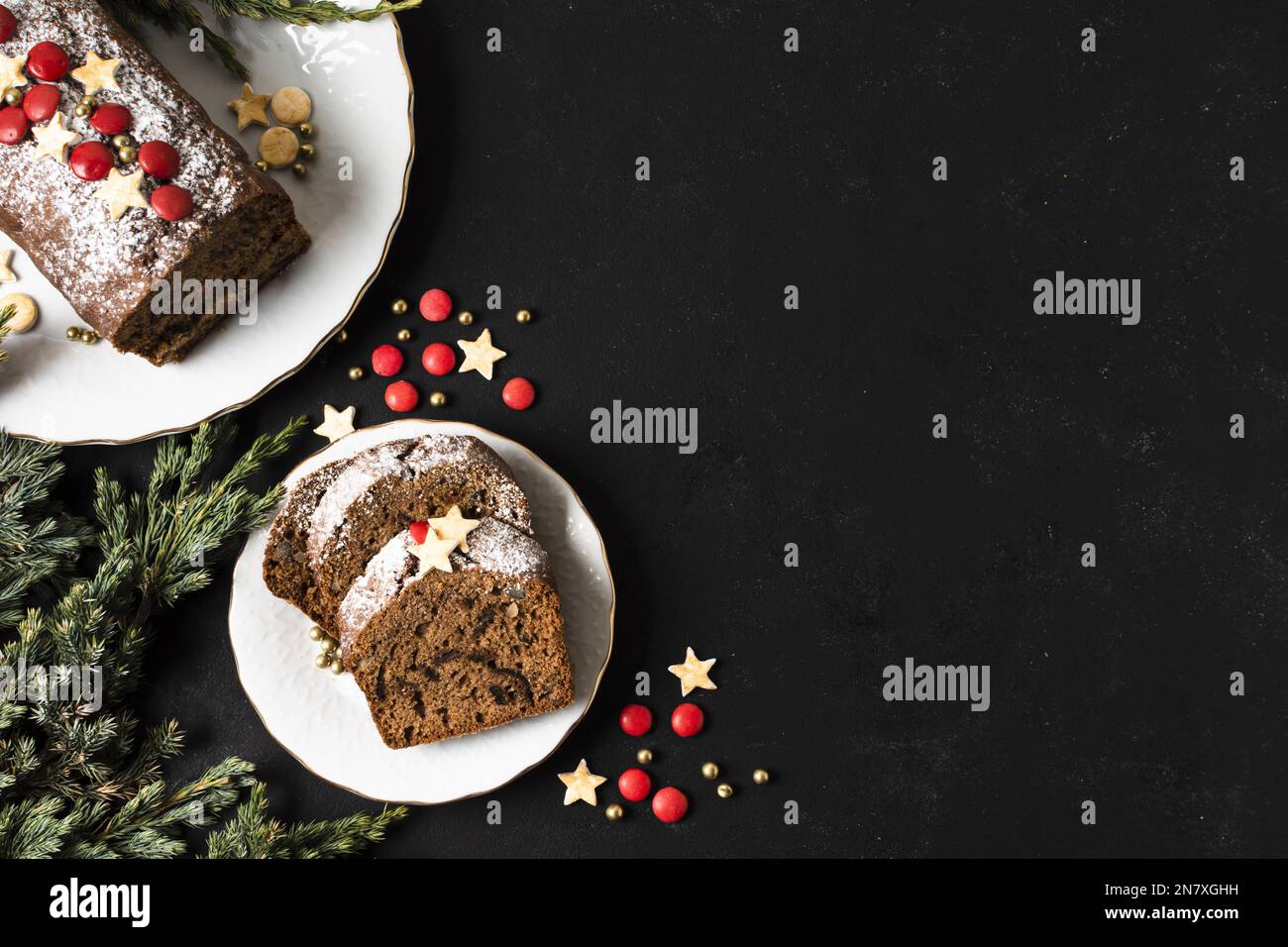 flat lay delicious cake christmas party with copy space Stock Photo
