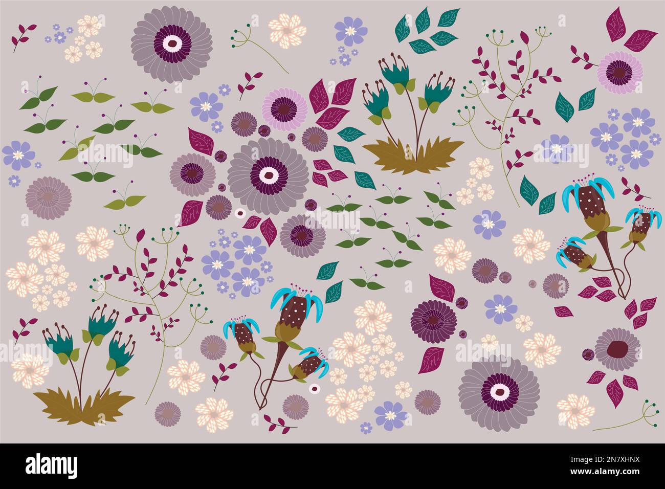 a spring pattern with different flowers and leaves background Stock Vector