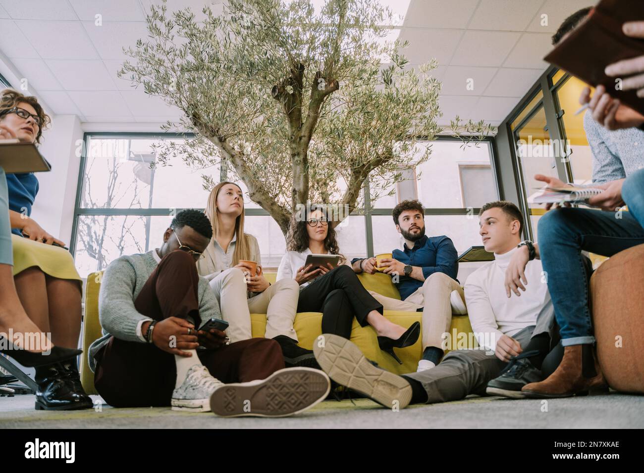 A low angle view photo of group of multicultural colleagues sitting and ...
