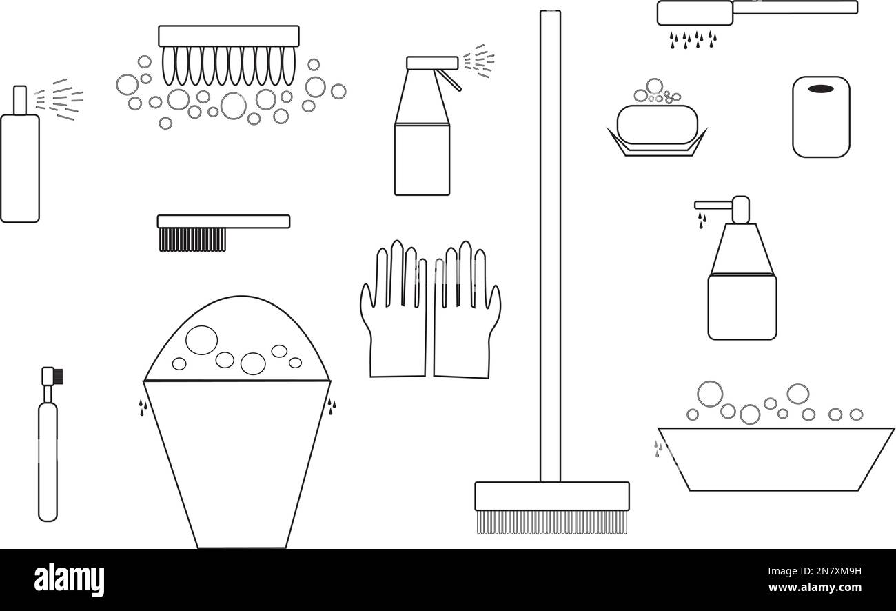 set of cleaning items icons black and white Stock Vector Image & Art ...