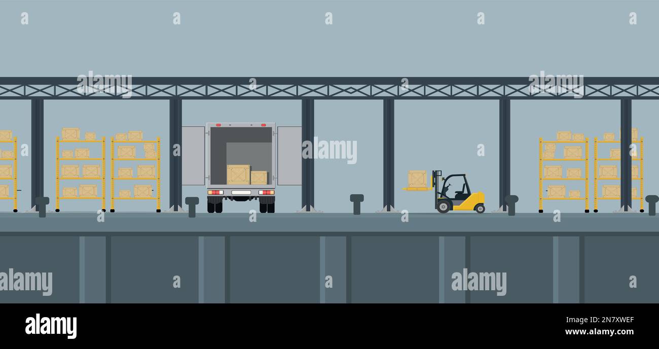 warehouse with cargo postal department loader with boxes vector