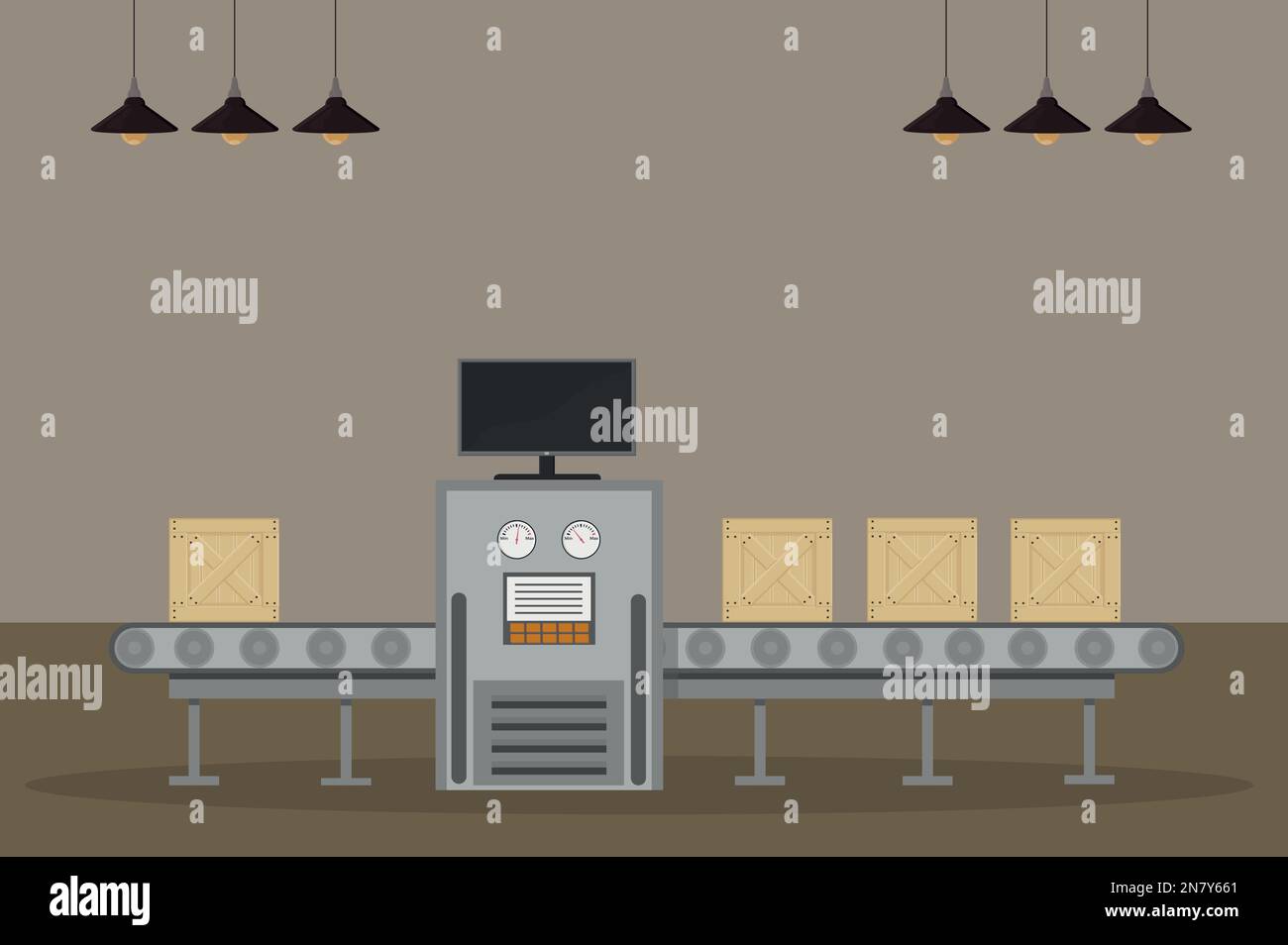 conveyor belt at the post office or factory with boxes of products Stock Vector