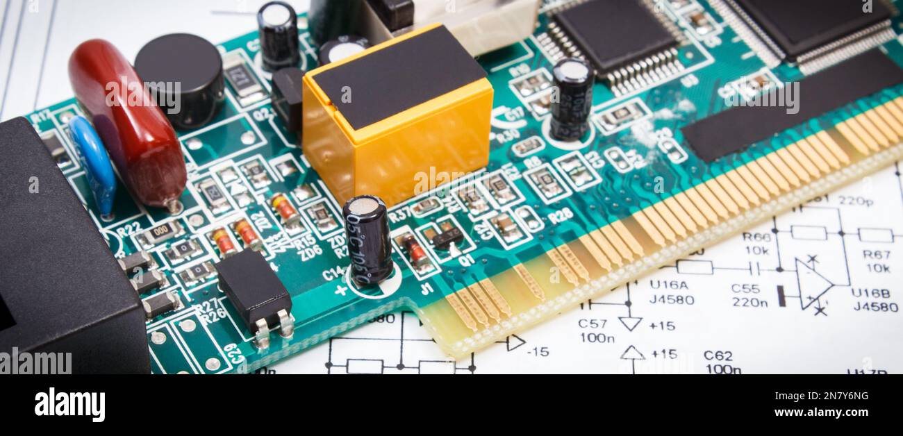 Printed circuit board with transistors, resistors, capacitor. Diagram