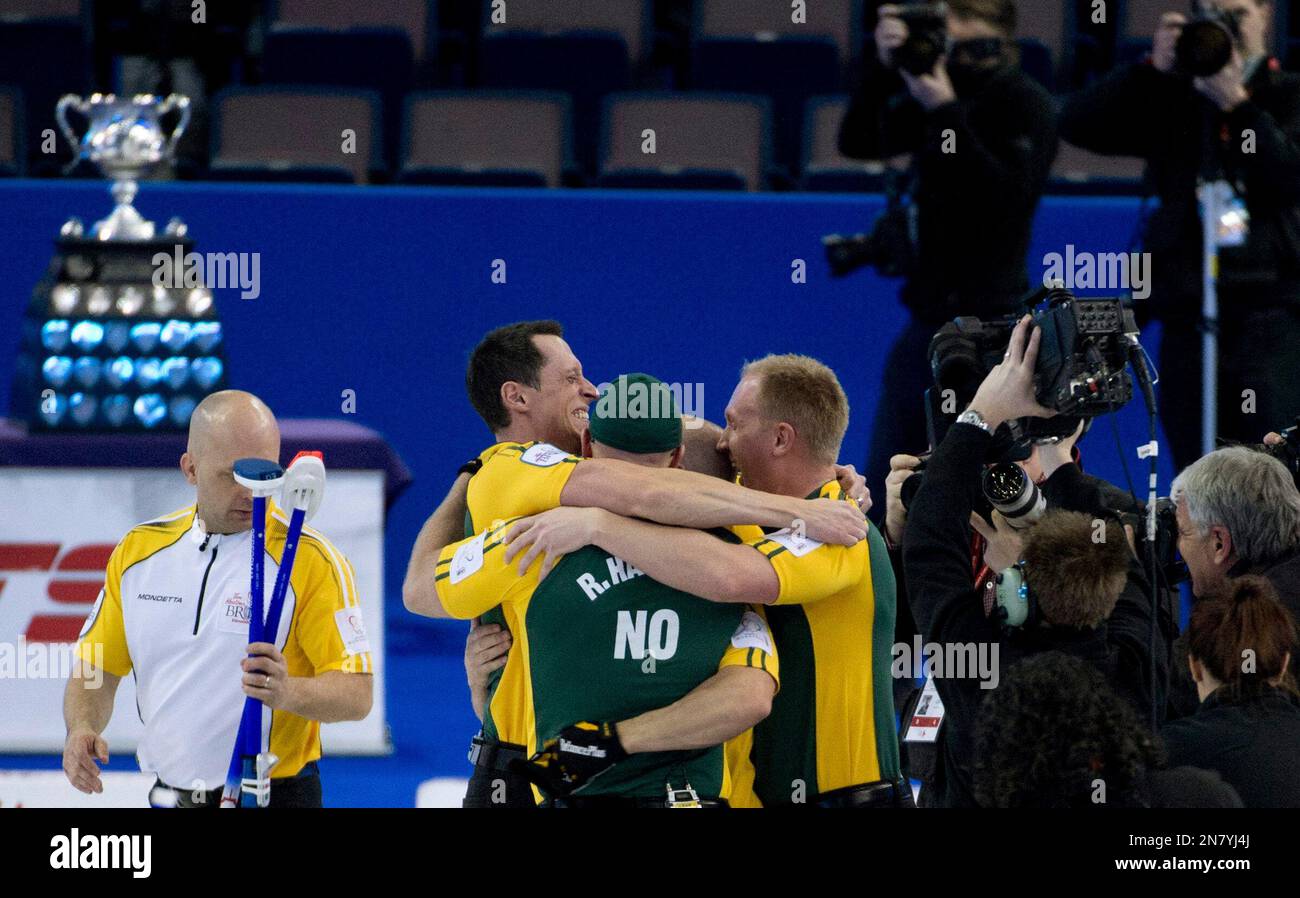 Northern Ontario skip Brad Jacobs celebrates his teams win over