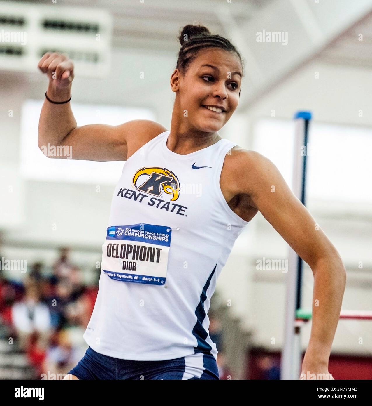 Kent State's Dior Delophont celebrates after clearing the bar at 6 feet