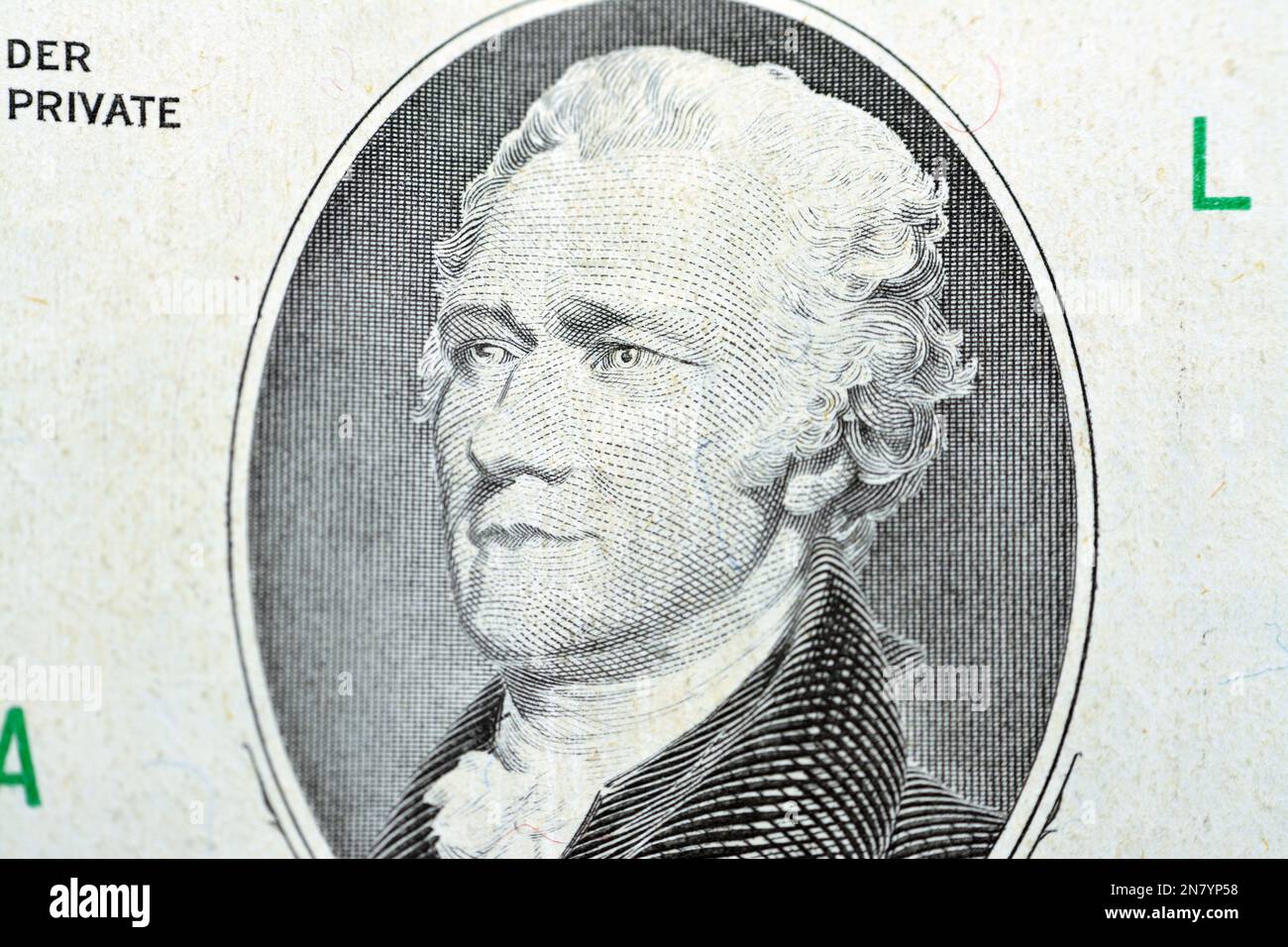 The portrait of Alexander Hamilton, who served as the first U.S. Secretary of the Treasury from the obverse side of old 10 $ ten American dollars bill Stock Photo