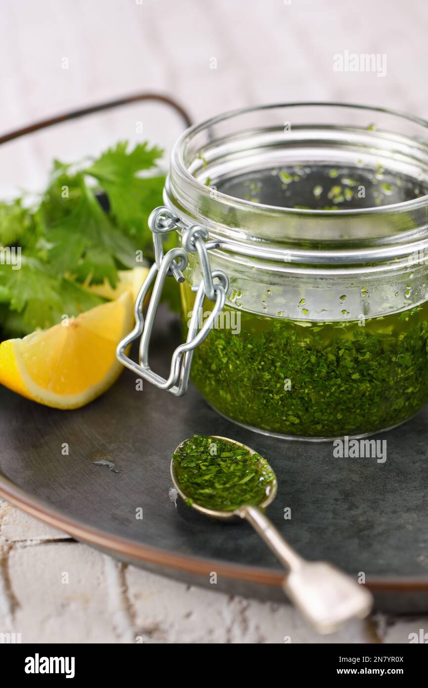 Green delicious herbal marinade of cilantro, basil, parsley, oil